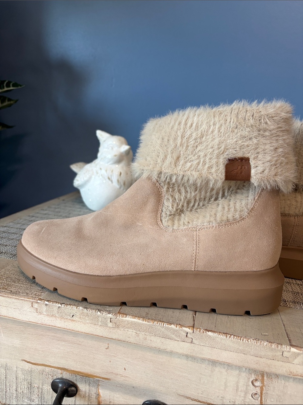 Hush Puppies Beige Faux Fur Cuffed Suede Ankle Boots